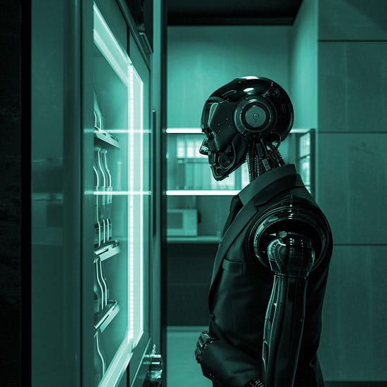 AI humanoid robot in a business suit examining a lit display