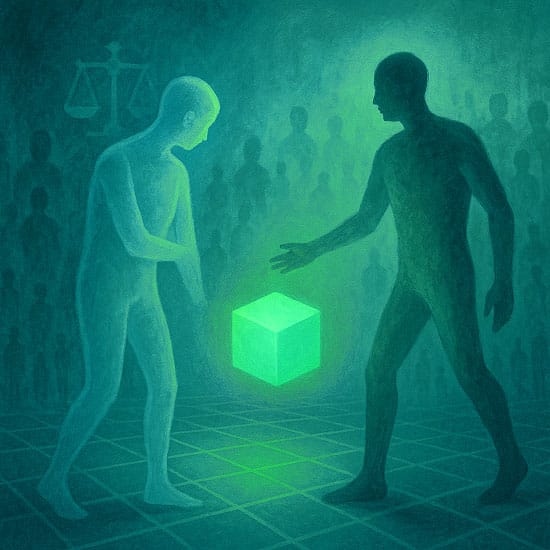 Two silhouetted figures (light and dark) reach toward a glowing green cube on a grid floor; justice-scales icon in background